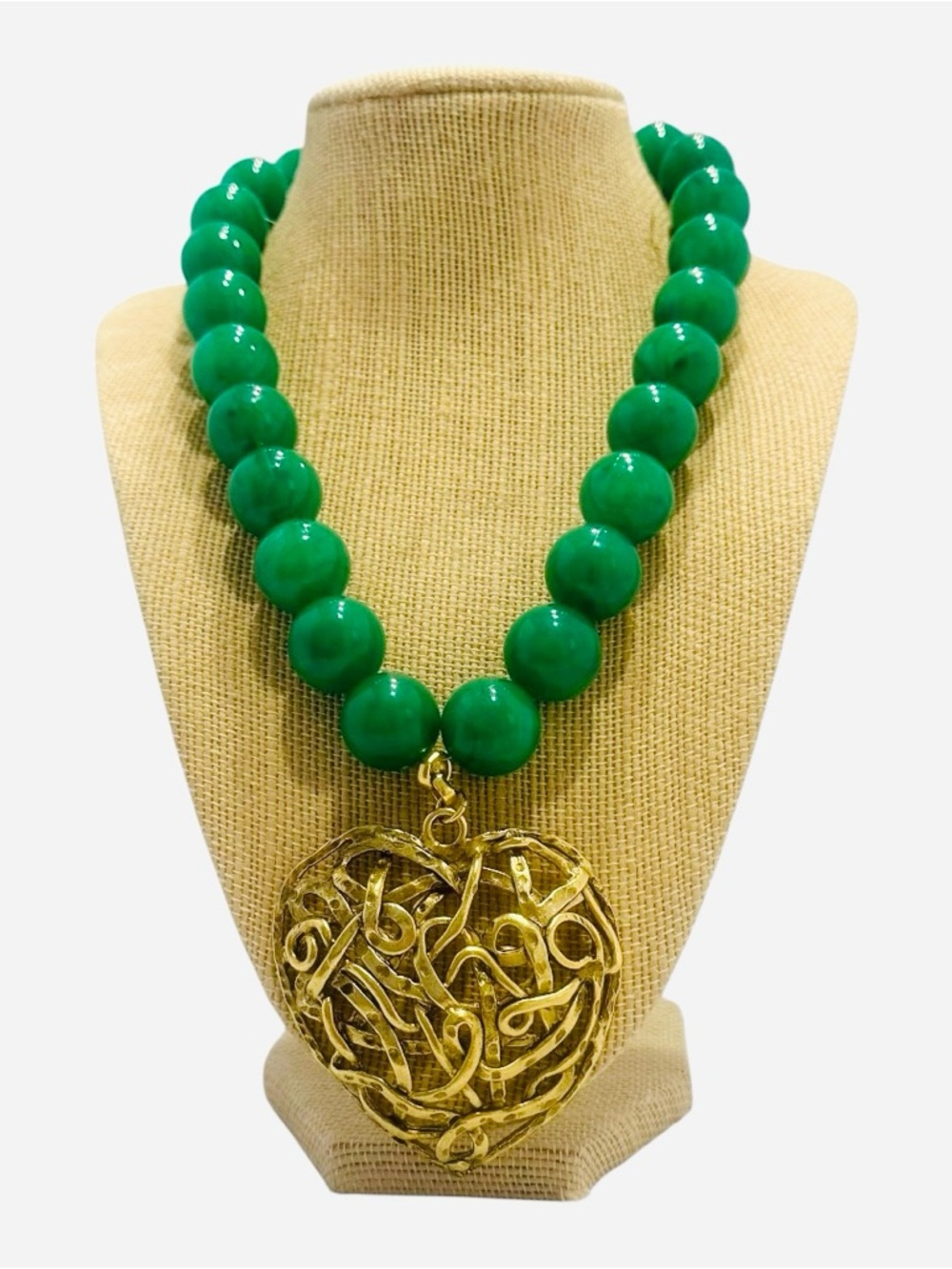 Yochi Antique Green Beaded Necklace with Gold Heart Pendant - Women Jewelry